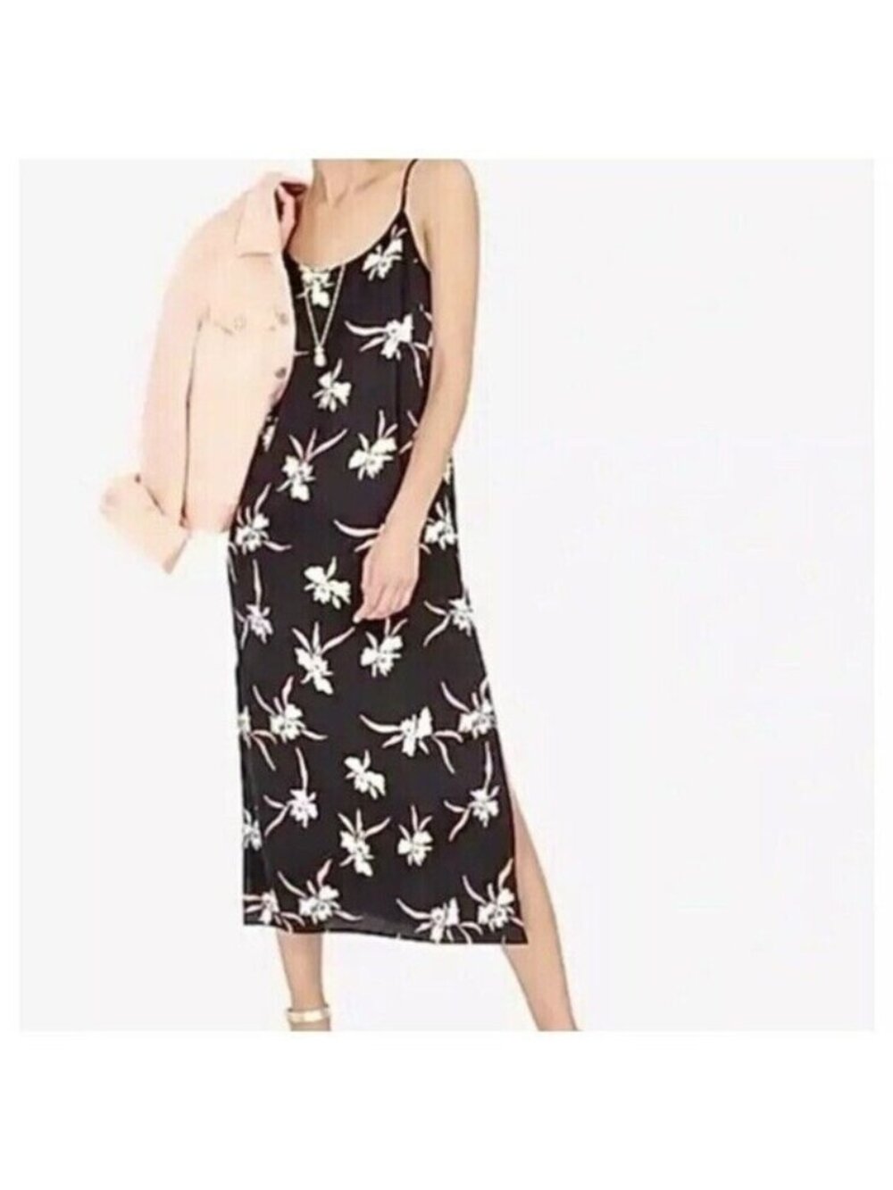 J Crew Black With‎ Orchid Floral Print Strap MIDI Slip Dress Size XS  Women's